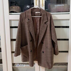 Korean Fashion Women's Oversized Brown Plaid Blazer - One Size
